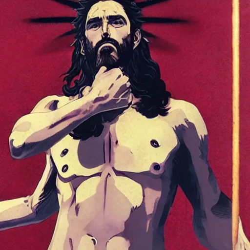 Prompt: jesus in a jojo dramatic pose, illustration by hirohiko araki and greg rutkowski