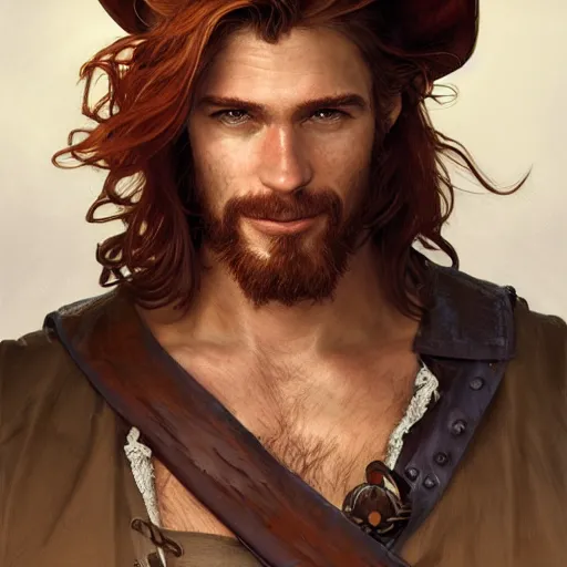 Image similar to portrait of a young ruggedly handsome but joyful pirate, male, masculine, upper body, red hair, long hair, d & d, fantasy, roguish smirk, intricate, elegant, highly detailed, digital painting, artstation, concept art, matte, sharp focus, illustration, art by artgerm and greg rutkowski and alphonse mucha