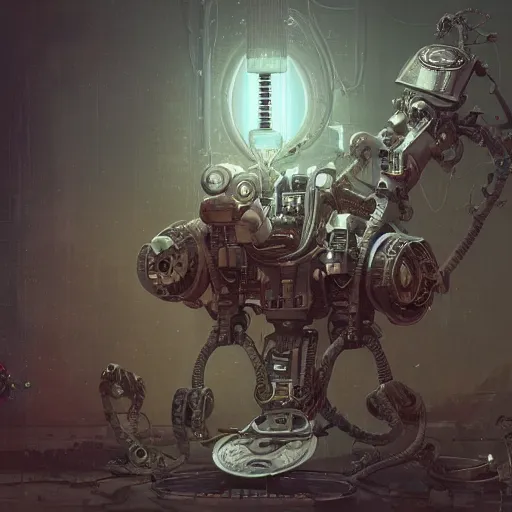 Image similar to robot using modular synth, bypeter mohrbacher and chris myer, intricate detail, finely detailed, small details, extra detail, photorealistic, high resolution, vray, hdr, hyper detailed, insane details, intricate, elite, ornate, elegant, luxury, dramatic lighting, octane render, weta digital, micro details, 3 d sculpture