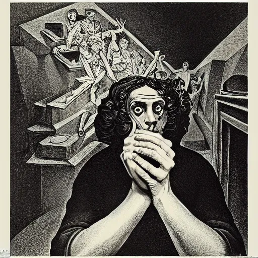 Image similar to lithography on paper secret lair conceptual figurative post - morden monumental dynamic portrait by goya and escher and hogarth, illusion surreal art, highly conceptual figurative art, intricate detailed illustration, controversial poster art, polish poster art, geometrical drawings, no blur