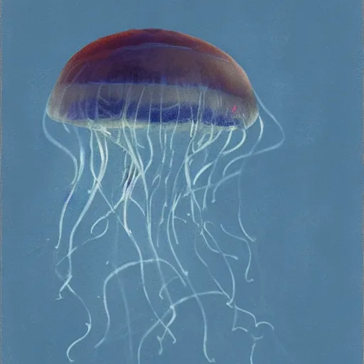 Prompt: illustrious atmospheric illustration of a jellyfish floating underwater by xi zhang, peter paul rubens, mark rothko, 2 d art, concept art, blue pigment, waves, mist