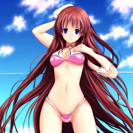 Image similar to a very beautiful young yuuki asuna,, full body, long wavy hair, sky blue eyes, full round face, bikini, miniskirt,, cinematic wallpaper by yusuke murata