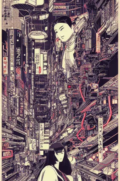 Image similar to futuristic japanese cyberpunk bladerunner silk screen by utagawa yoshiiku, ohara koson, pixiv contest winner, cyberpunk style, cyberpunk color scheme, mechanical, robotic, human machine interface, high resolution, hd, bold clear lines