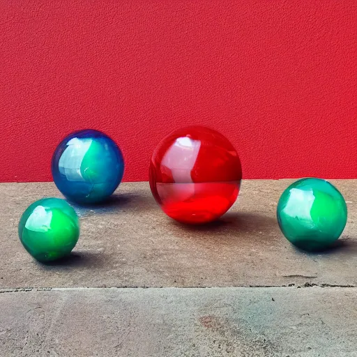Prompt: glass spheres on a red cube