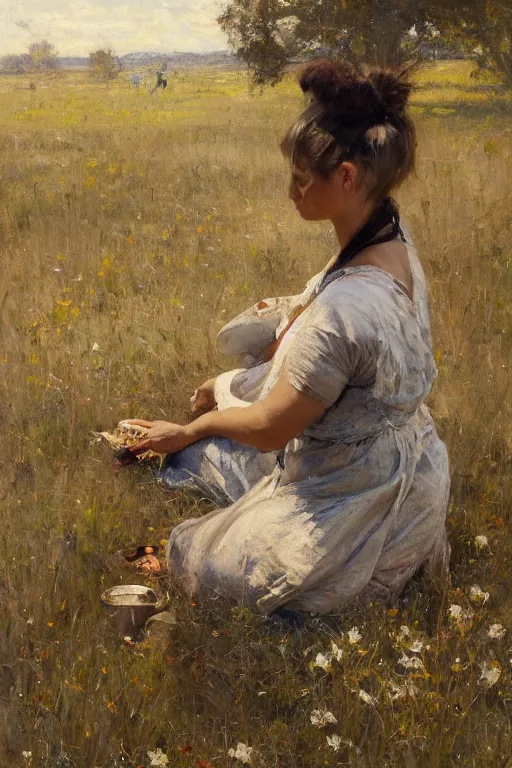 Prompt: Solomon Joseph Solomon and Richard Schmid and Jeremy Lipking painting full length portrait painting of a young woman working in the field