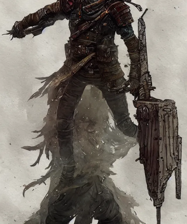 Image similar to a oil / watercolor painting full body character portrait of a gunslinger / paladin in the style of dark souls in the style of darkest dungeon trending on artstation deviantart pinterest detailed realistic hd 8 k high resolution