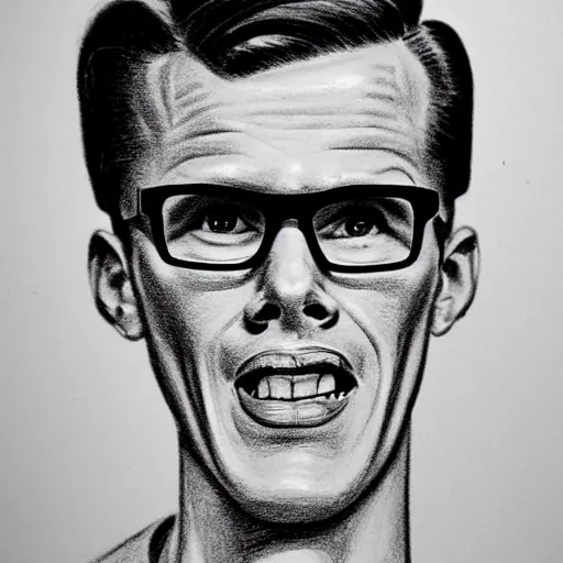 Image similar to A 1950s Style Comic-Like Drawing of iDubbbz, grainy, realistic, hyperrealistic, very realistic, very very realistic, highly detailed, very detailed, extremely detailed, detailed, digital art, trending on artstation, detailed face, very detailed face, very detailed face, realism, HD Quality, 8k resolution, intricate details, body and head in frame, drawing, inked drawing, comic drawing, neat drawing, 1950s, 50s, in the style of Frank Hampson, in the style of Frank Bellamy, in the style of Dave Gibbons, in the style of Don Lawrence, in the style of Wally Wood