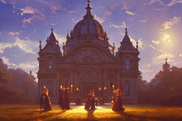 Image similar to an mobile ornate baroque church on chain wheels, scene in an open field. key visual, conceptart, ambient lighting, highly detailed, digital painting, artstation, concept art, sharp focus, by makoto shinkai and akihiko yoshida and greg manchess