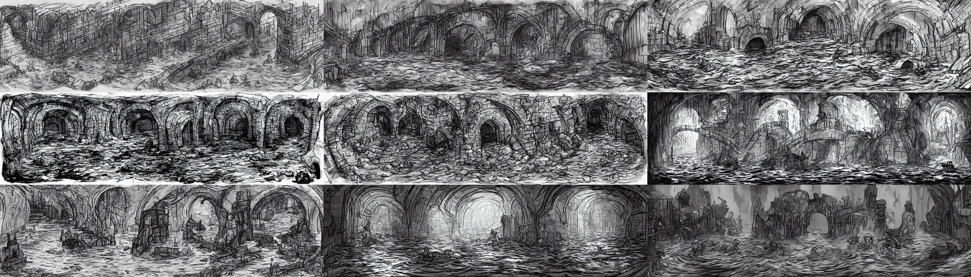 Prompt: deep water flows through waist - deep sloping flooded sewer tunnels. fantasy art, underground, stream, crumbling masonry, darkness, sewage falling from grates, abandoned spaces, torchlight. sketch, darkest dungeon.