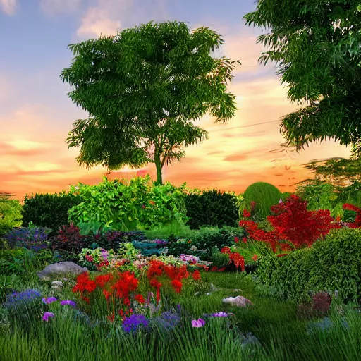 Image similar to A beautiful garden, with a variety of colorful flowers and lush green plants, set against a backdrop of a stunning sunset, trending on artstation, artstationHD, artstationHQ, photorealistic imagery, 3D art, 4k, 8k