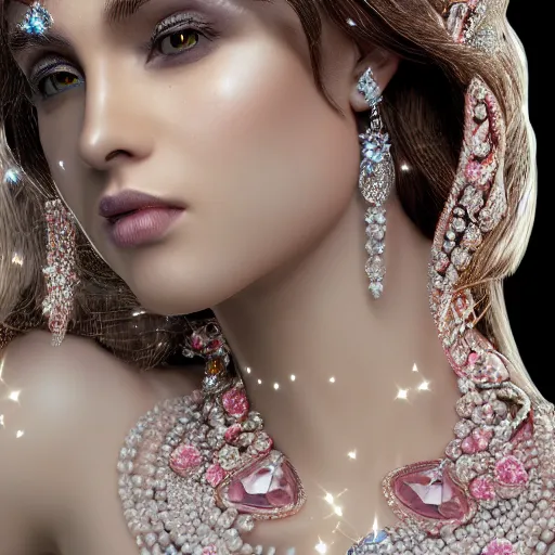 Image similar to portrait of wonderful princess of diamond with fair skin, ornate with diamonds, 8 k, gorgeous, intricate, detailed, glowing white accent lighting, dramatic lighting, octane render