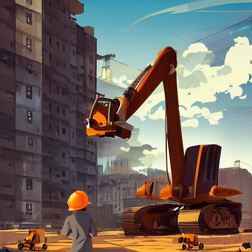 Image similar to construction site with living happy robotic construction vehicles game smooth median photoshop filter cutout vector, behance hd by jesper ejsing, by rhads, makoto shinkai and lois van baarle, ilya kuvshinov, rossdraws global illumination