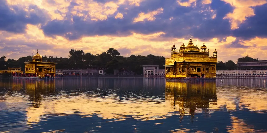 Prompt: a beautiful golden temple in the middle of a lake, cinematic, beautiful lighting and reflections, masterpiece