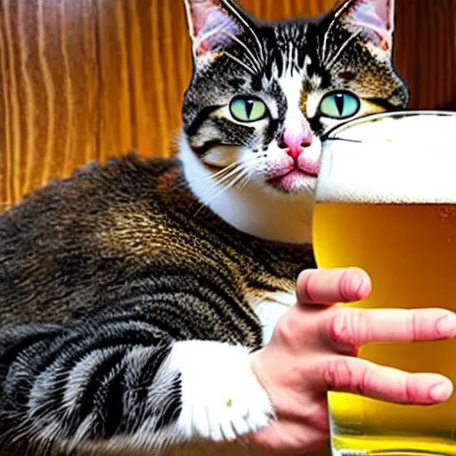 Prompt: Moron cat drinking a beer with his pals