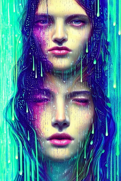 Image similar to portrait of a woman in the glowing neon rain with wet hair and face, rain drops, fantasy, intricate, elegant, dramatic lighting, highly detailed, lifelike, photorealistic, digital painting, artstation, concept art, smooth, sharp focus, illustration, art by John Collier and Albert Aublet and Krenz Cushart and Artem Demura and Alphonse Mucha