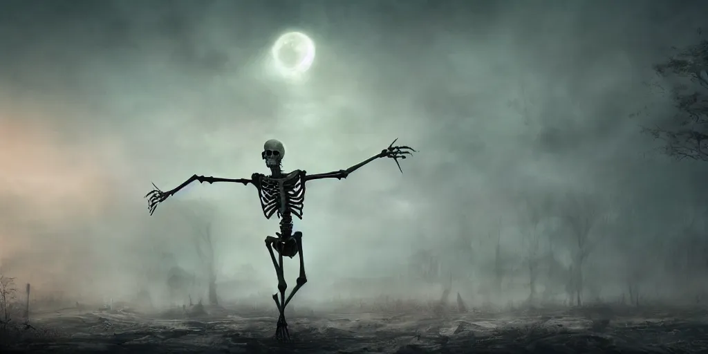 Image similar to a tall,scary and slender skeleton with soft and luminous colors dances in an apocalyptic landscape with vapor and smoke in twilight, darkart, hyperdetailed, hyperealistic,cinematography, 8k,Artstation, Deviantart, beautiful -1024