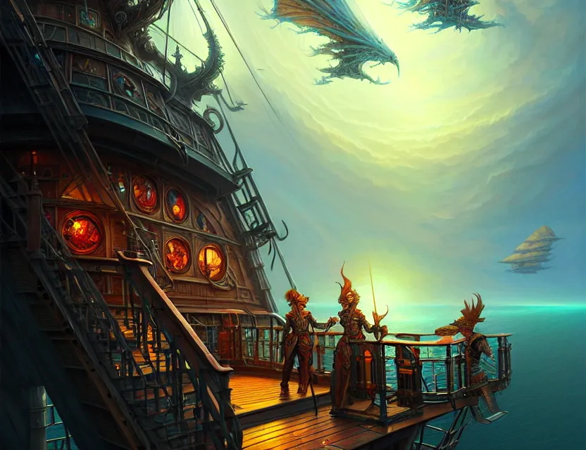 Image similar to standing upon the deck of the flying ship, d & d fantasy art, artstation contest winner, beautiful digital painting in the style of dan mumford, art by kev chan, volumetric lighting, intricate details, concept art, ultrarealistic, deep colors, cgsociety, by art germ, by gerald brom, by peter mohrbacher