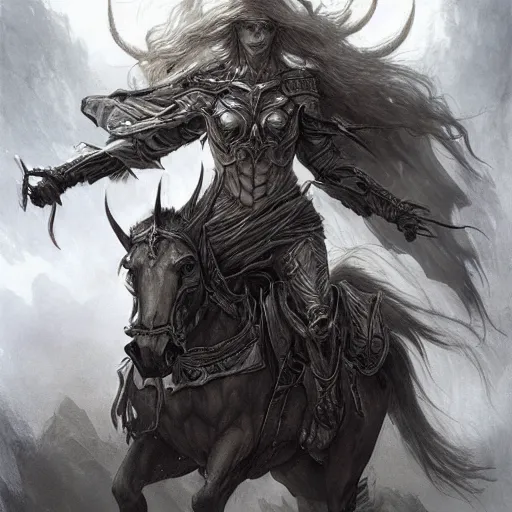 Image similar to concept art by artgerm, death of the four horsemen of the apocalypse, soft grey and blue natural light, intricate, queen of death riding, highly detailed dark art, digital painting, artstation, concept art, smooth, sharp focus, illustration, art by greg rutkowski and luis rollo and uang guangjian and gil elvgren, symmetry!