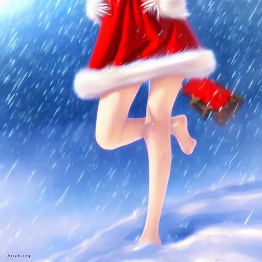 Image similar to full body shot : a very beautiful young blond anime girl on a snowstorm, santa hat, sky blue eyes,, bikini, miniskirt, highly detailed, cinematic wallpaper by stanley artgerm lau