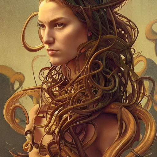 Image similar to “ daria strokous as medusa, frowning, scowl, snakes for hair, intricate, elegant, highly detailed, digital painting, artstation, concept art, smooth, sharp focus, illustration, art by artgerm and greg rutkowski and alphonse mucha ”