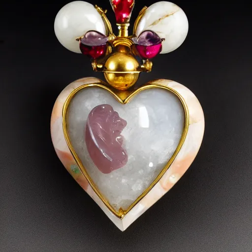 Prompt: anatomical heart stone statue reliquary, ornate, opal, gold, marble, rose quartz, red sapphire, bone, baroque, intricate, museum lighting