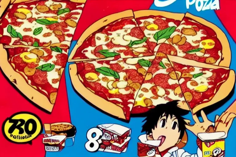 Prompt: pizza, 80s, advertisement, anime, explosion!!!!
