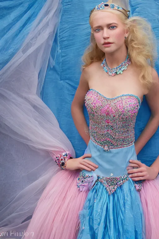 Image similar to a princess with long blonde hair and light blue eyes wearing a strapless elaborately beaded pink dress standing next to a canvas army tent, high resolution film still, 8k, HDR color, film by Simon Langton and David Frankel, triangular face, very light freckles, round narrow chin, straight jawline, natural lips, high cheekbones, beautiful gazing eyes