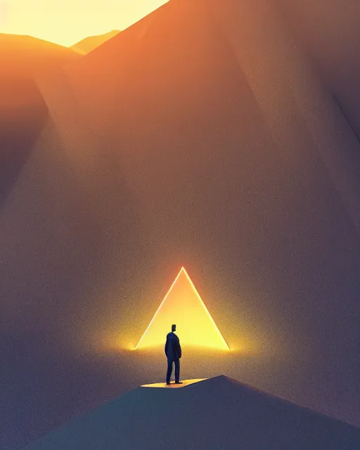 Image similar to a man standing in the middle of a mountain with a glowy triangle, a render by filip hodas, behance contest winner, environmental art, rendered in cinema 4 d, volumetric lighting