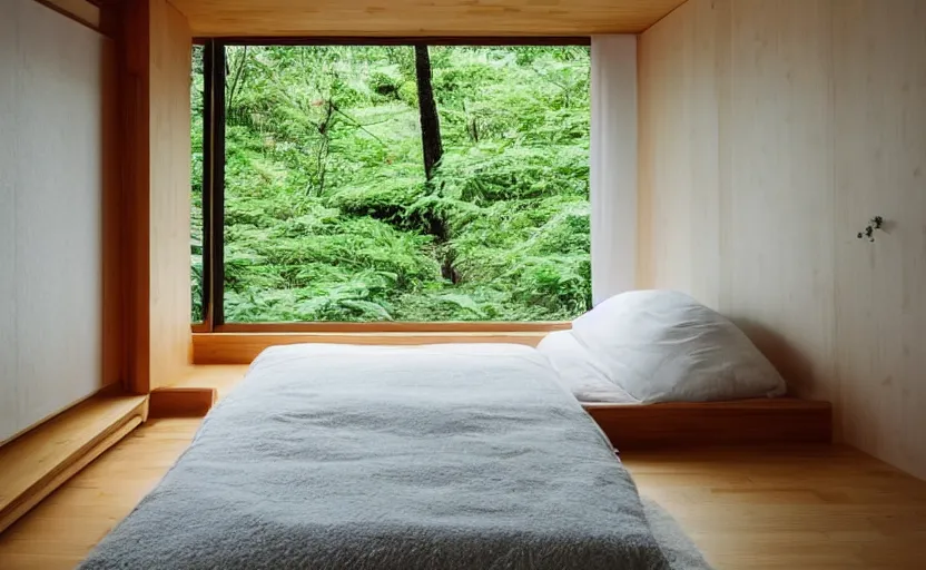 Image similar to interior of a small minimalist bedroom, japanese style, bed, cupboards, bamboo wood, pine wood, white, bright, green, windows with a view of a green park, natural materials, 8 k