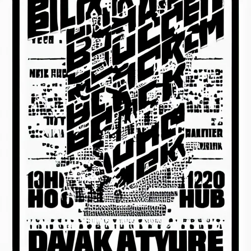 Image similar to black on white graphic poster for a techno party in style of david rudnick, eric hu, acid, y 2 k