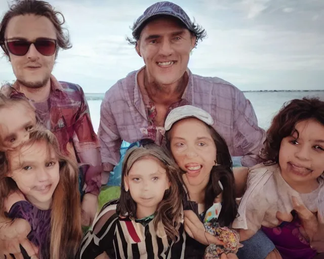 Image similar to happy father, mother, son, daughter, pose portrait on beach, realistic faces