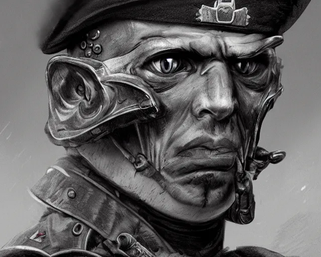 Image similar to A soldier cat warrior in world war one, close-up, realistic face, sharp facial features, mature facial features, black and white, amazing digital art, hyper detailed, artstation, in the style of Tony Sart