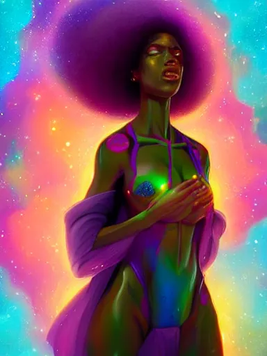 Image similar to digital painting of a black female celestial being experiencing nirvana in space, colorful nebulas in the background, highly detailed, intricate design, 8k, artstation, illustration by Victor Mosquera, Krenz Cushart