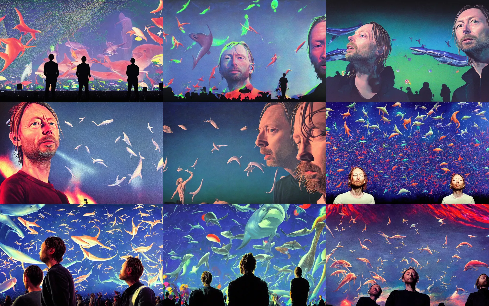 Prompt: close up of thom yorke looking at weird fishes flying in the air at a radiohead concert, whales, dolphins, mantis and swordfishes, painting by alex ross and thomas kinkade, audience and lightshow in the background, low light, volumetric light, global illumination, dreamy and surreal