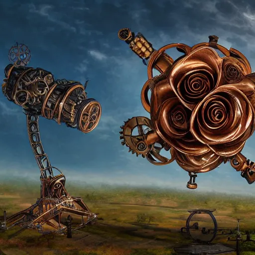 Prompt: giant mechanical rose, steampunk, fantasy art, sky, 4 k