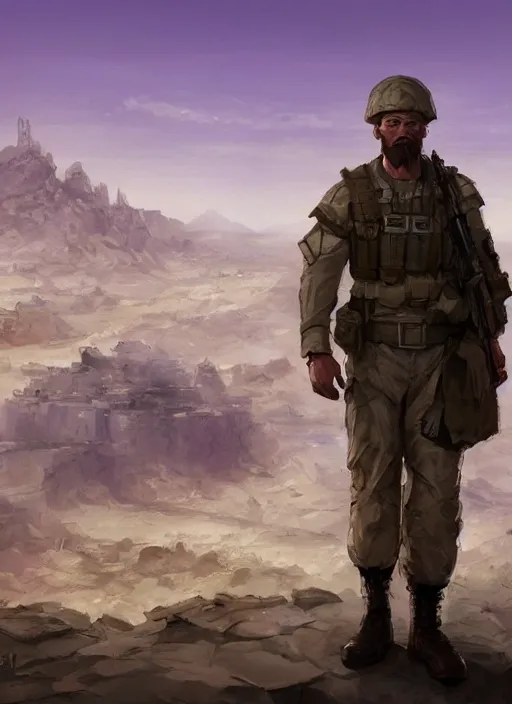 Image similar to purple scene lighting, detailed character portrait!!! concept art, strong muscular white male, soldier with beard, short hair, in a soldier uniform, desert with city in the background, sharp focus, illustration, highly detailed, digital painting, concept art, matte, art by wlop and artgerm and greg rutkowski, masterpiece