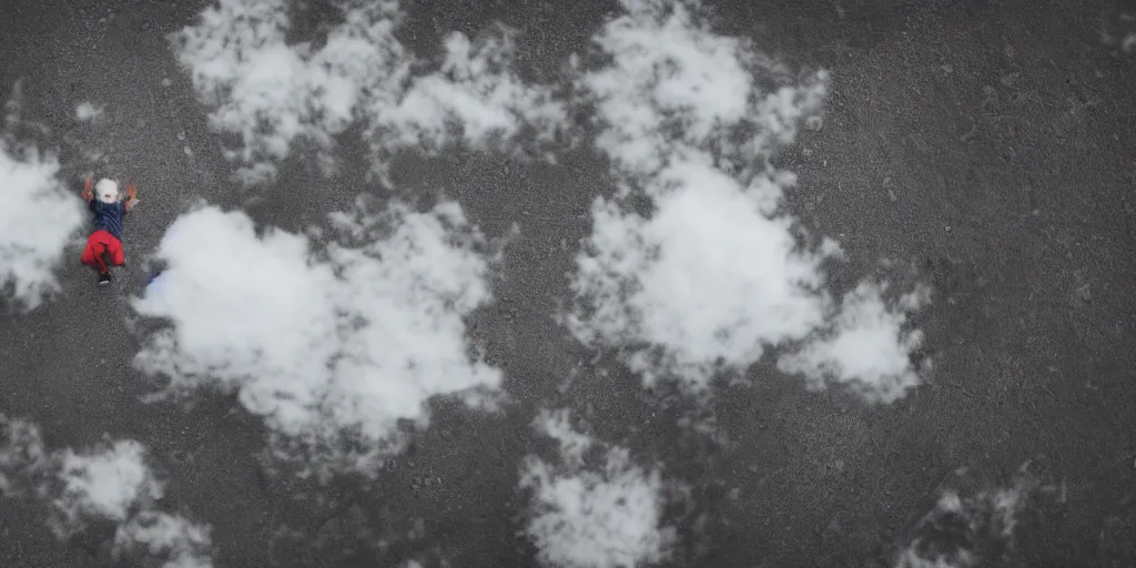 Image similar to a boy flying through clouds looking down at the ground