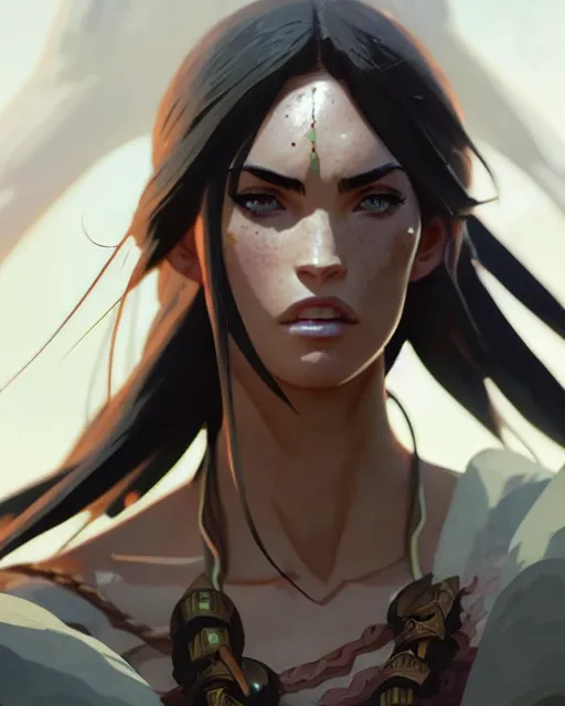 Image similar to azctec warrior, megan fox, detailed perfect face, exquisite details, fire magic, mid view, by studio muti, greg rutkowski makoto shinkai takashi takeuchi studio ghibli