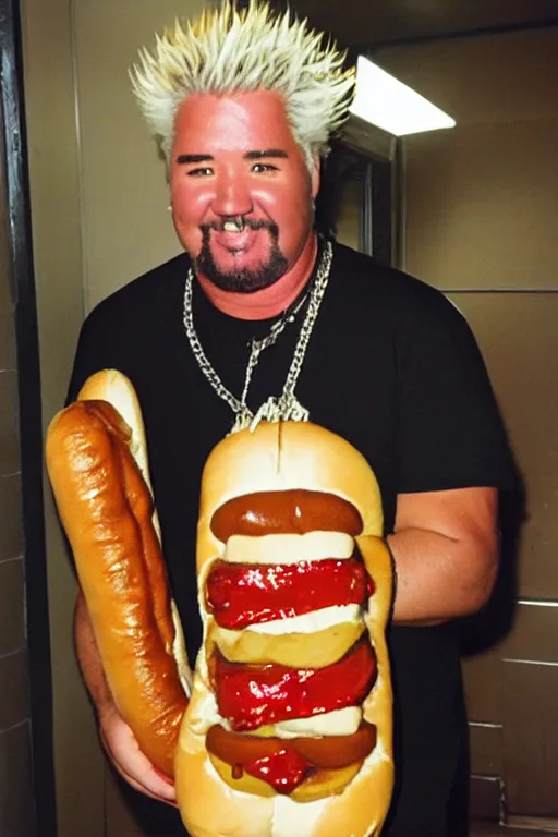 Image similar to a grainy photo of Guy Fieri standing in a hallway holding an enormous hot dog in a bun