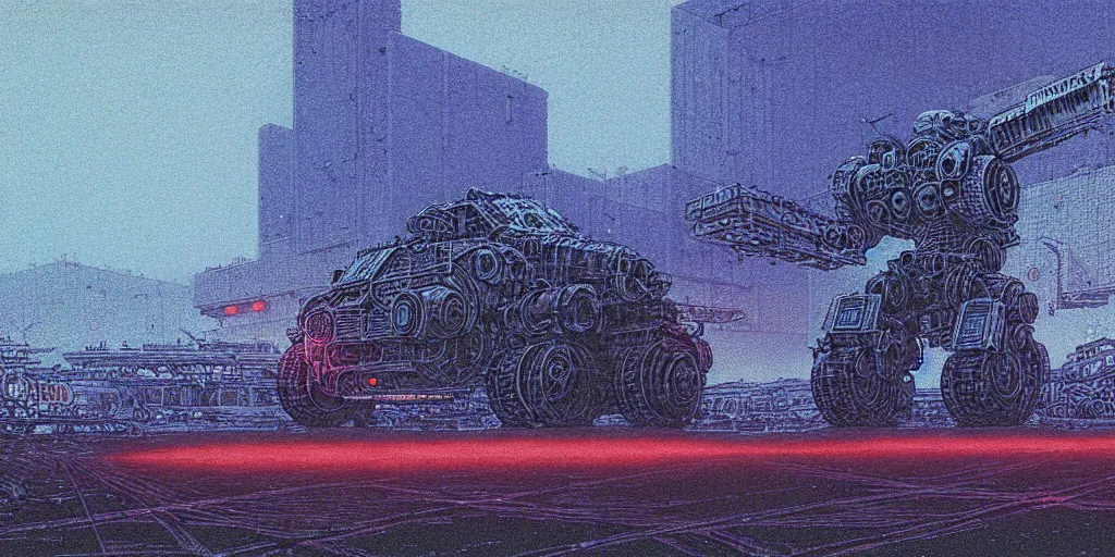 Prompt: grainy risograph matte painting of gigantic huge mech covered with wounds, black, pastel matte colors, staying in the foggy huge parking station, blue glowing fireflies, by moebius, hyperrealism, intricate detailed