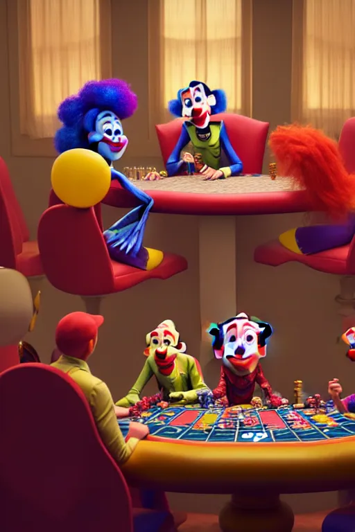 Prompt: pixar clowns sitting around a poker table, laughing maniacally | glamorous oily soft polished rich ornate modern | weta disney pixar movie still photo | hi - fructose, sci fi fantasy, smooth, octane render, sharp focus, artstation, concept art | artgerm, mucha, rutkowski, feng zhu, wlop, loish