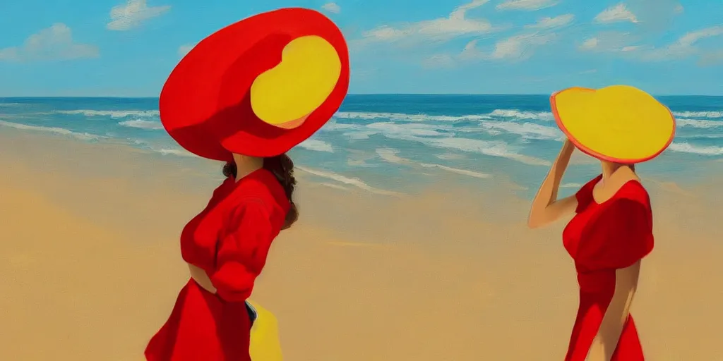 Image similar to beautiful oil matte portrait painting, young woman with red dress and mustard yellow summer hat at a beach on a sunny day, wonderful masterpiece highly detailed, beautiful cinematic light deep focus, elegant, digital painting, smooth, sharp focus, golden ratio, dramatic illumination, ultra realistic, 8 k, art by andy warhol