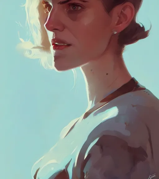 Image similar to portrait of nina zenik, by atey ghailan, by greg rutkowski, by greg tocchini, by james gilleard, by joe fenton, by kaethe butcher, dynamic lighting, gradient light blue, brown, blonde cream and white color scheme, grunge aesthetic