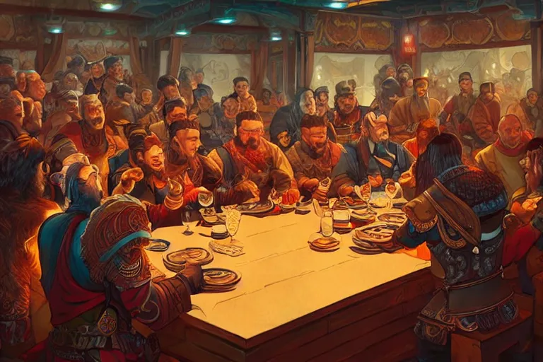 Prompt: Genghis Khan drinking at a table, shanghai, detailed faces, digital art, beautiful lighting, happy atmosphere, trending on artstation, by Dan Mumford, by Artgerm, matte art