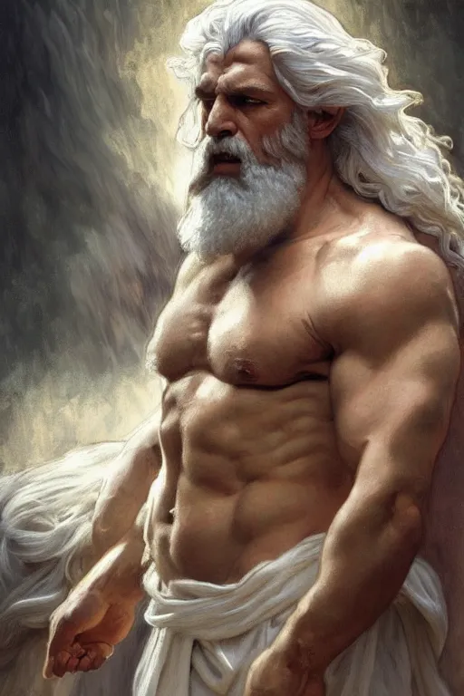 Image similar to painted portrait of rugged zeus, god of thunder, greek god, white hair, masculine, mature, handsome, upper body, white robe, muscular, hairy torso, fantasy, intricate, elegant, highly detailed, digital painting, artstation, concept art, smooth, sharp focus, illustration, art by gaston bussiere and alphonse mucha