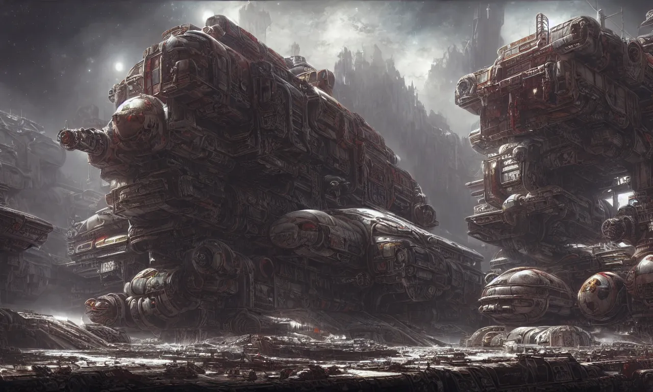 Image similar to a beautiful highly detailed matte painting of a huge derelict cargo starship, Space Hulk, WarHammer 40k by Jose Daniel Cabrera Pena and Leonid Kozienko, concept art