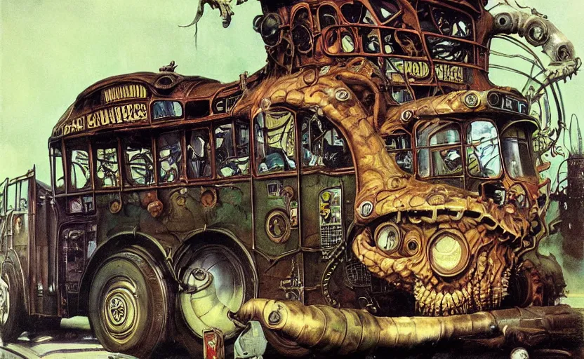 Image similar to cthulhu devouring a steampunk school bus. highly detailed science fiction painting by norman rockwell, frank frazetta, and syd mead. rich colors, high contrast, gloomy atmosphere, dark background. trending on artstation