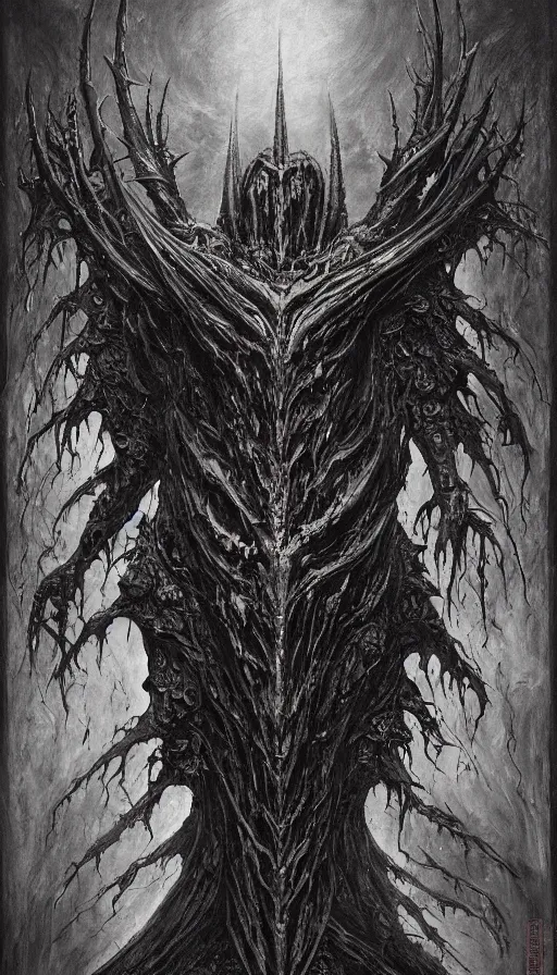 Image similar to Scorn themed painting of symmetrical organic torso Leviathan infernal armor anatomy with bat wings and extended evil hands concept, intricate artwork by H.R. Giger, Johnatan Wayshak, Zdizslaw Beksinski, Ayami Kojima, Amano, Karol Bak, Moebius, and Mark Brooks, Neo-Gothic, gothic, rich deep colors, art by Takato Yamamoto, masterpiece, face by Artgerm, very coherent artwork, cinematic, hyper realism, high detail, octane render, unreal engine, 8k, High contrast, golden ratio, trending on cgsociety