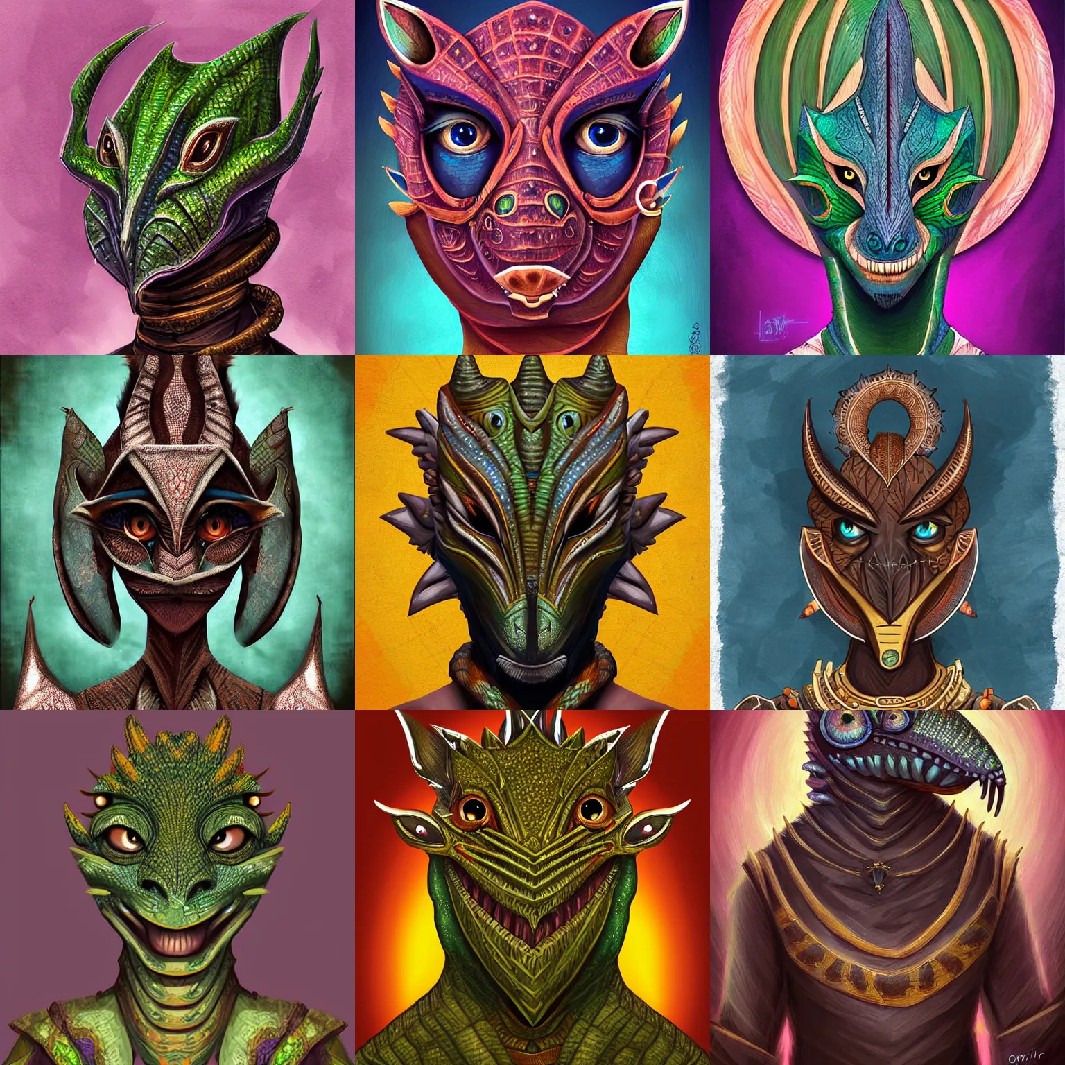 Prompt: african argonian! symmetrical portrait epic fantasy beautiful anthropomorphic sentient creature cute elegant digital painting by loish by oriana menendez west african mask style