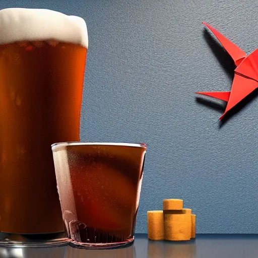 Prompt: a 3 d rendered movie still, 4 k, wide - angle medium - shot. at the bar, a tall frosty mug of root beer is on the bar, next to a small origami bird. a dart board on a wall in the background. it's happy hour, high - energy. imax, 7 0 mm dramatic lighting, digital art, photorealistic blade runner